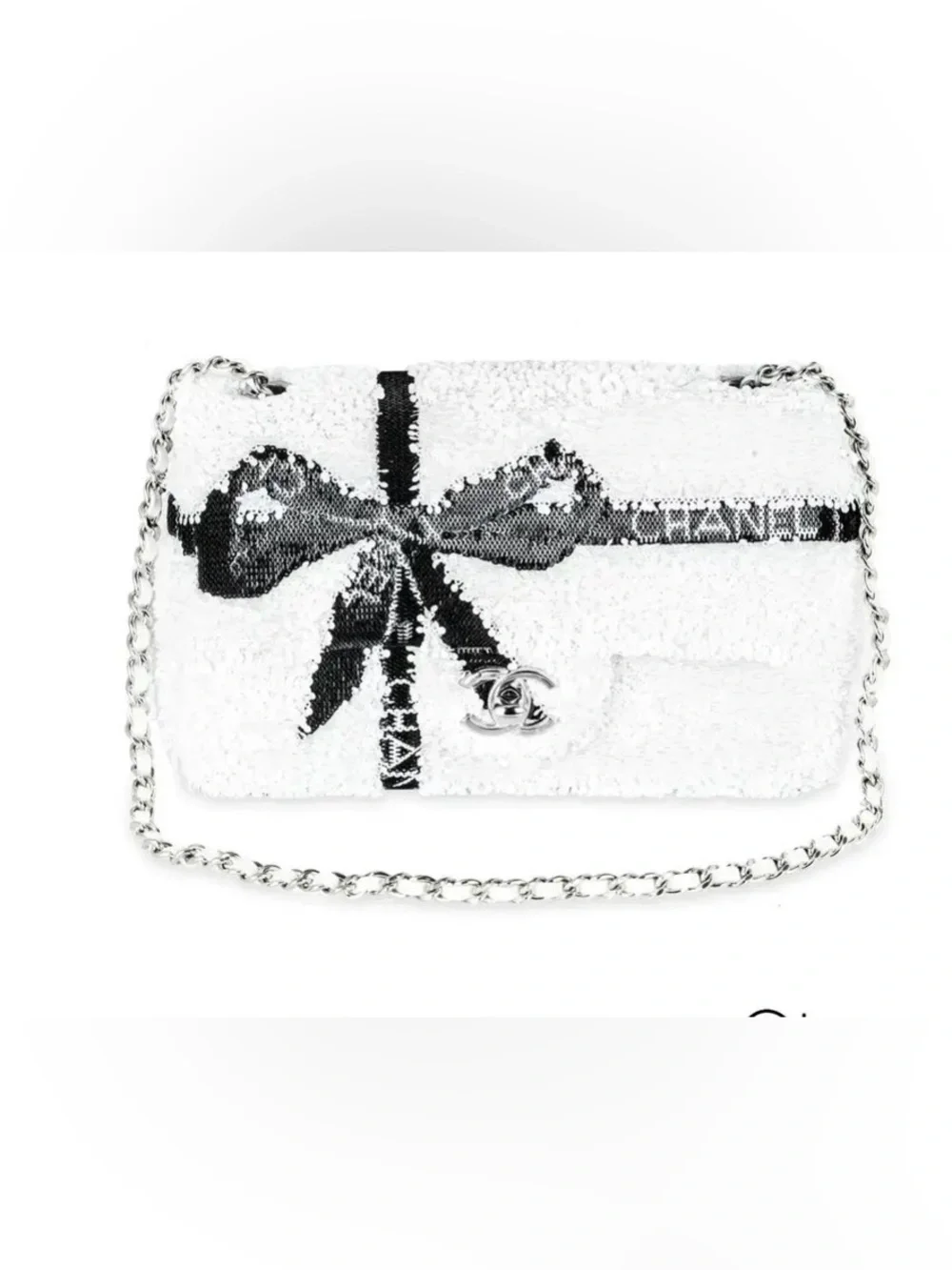 Chanel 24B Sequin Ribbon Bow Mini Rectangular Flap Bag White/Black